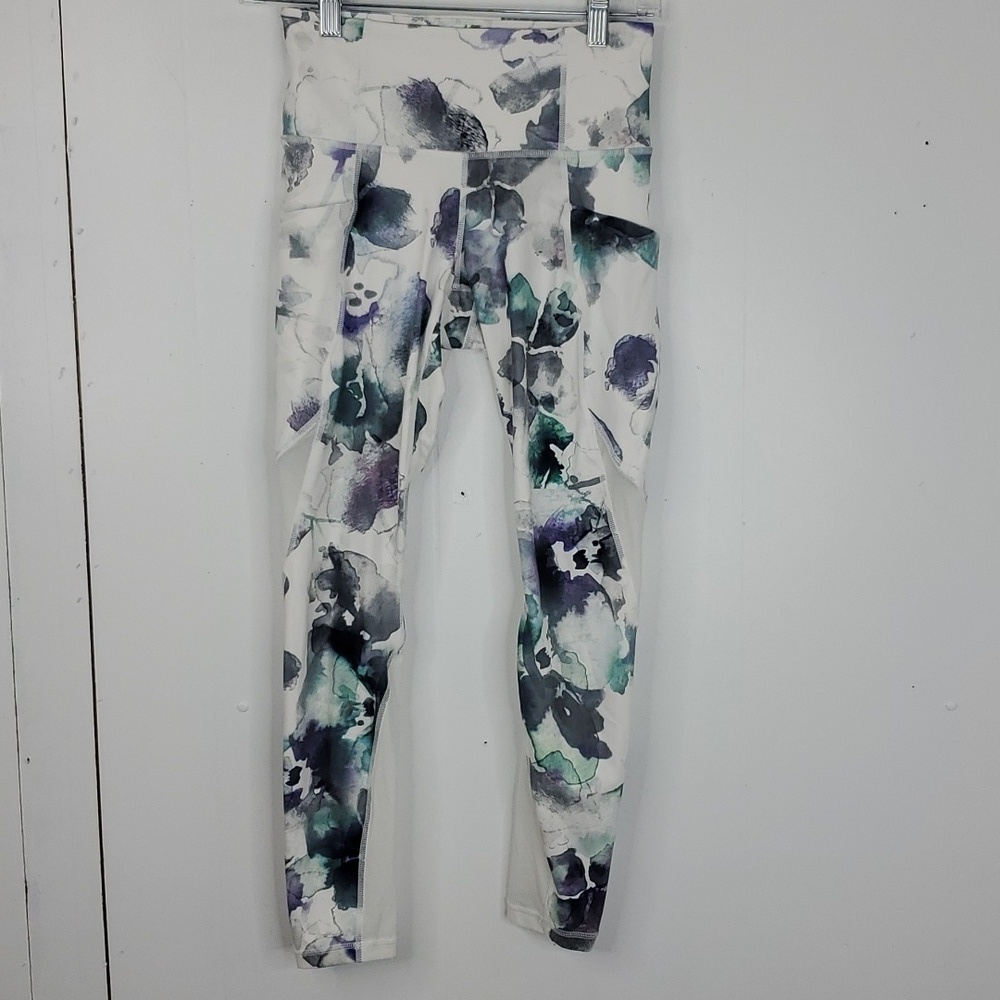 Athleta Floral Leggings Mid Rise 7/8 Length Thick Waistband Yoga Womens XSmall